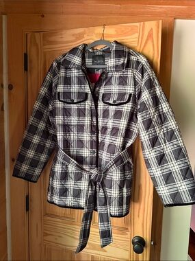 Talbots Black and White Plaid Quilted Belted Jacket
